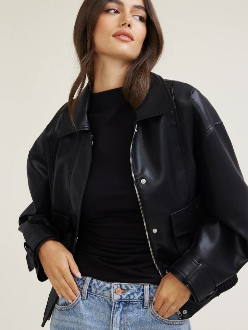 Dynamite Oversized Faux Leather Aviator Jacket Black Large XL